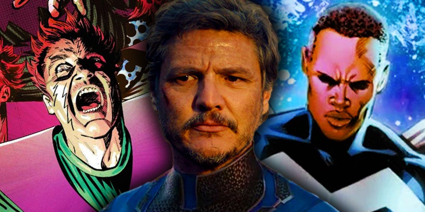 Pedro Pascal as Reed Richards with Molecule Man and Blue Marvel in Marvel Comics
