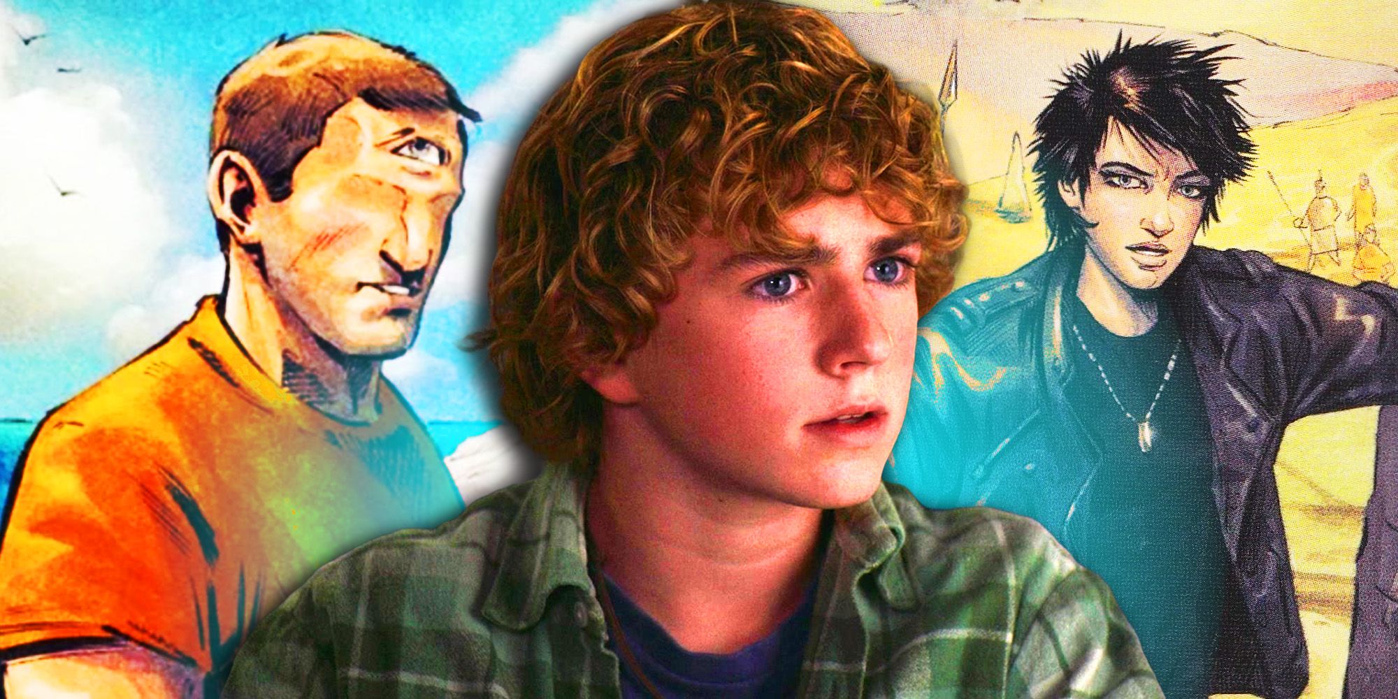 An image of Walker Scobell as Percy Jackson in front of images of Tyson and Thalia from the graphic novels