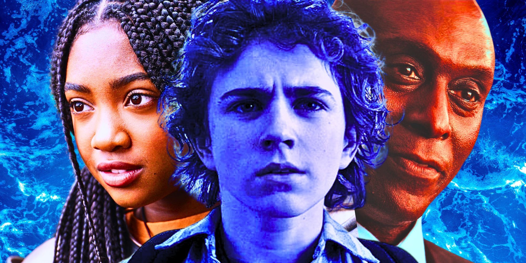 Image of Percy frowning in blue with Annabeth and Zeus on either side of him from Percy Jackson season 1