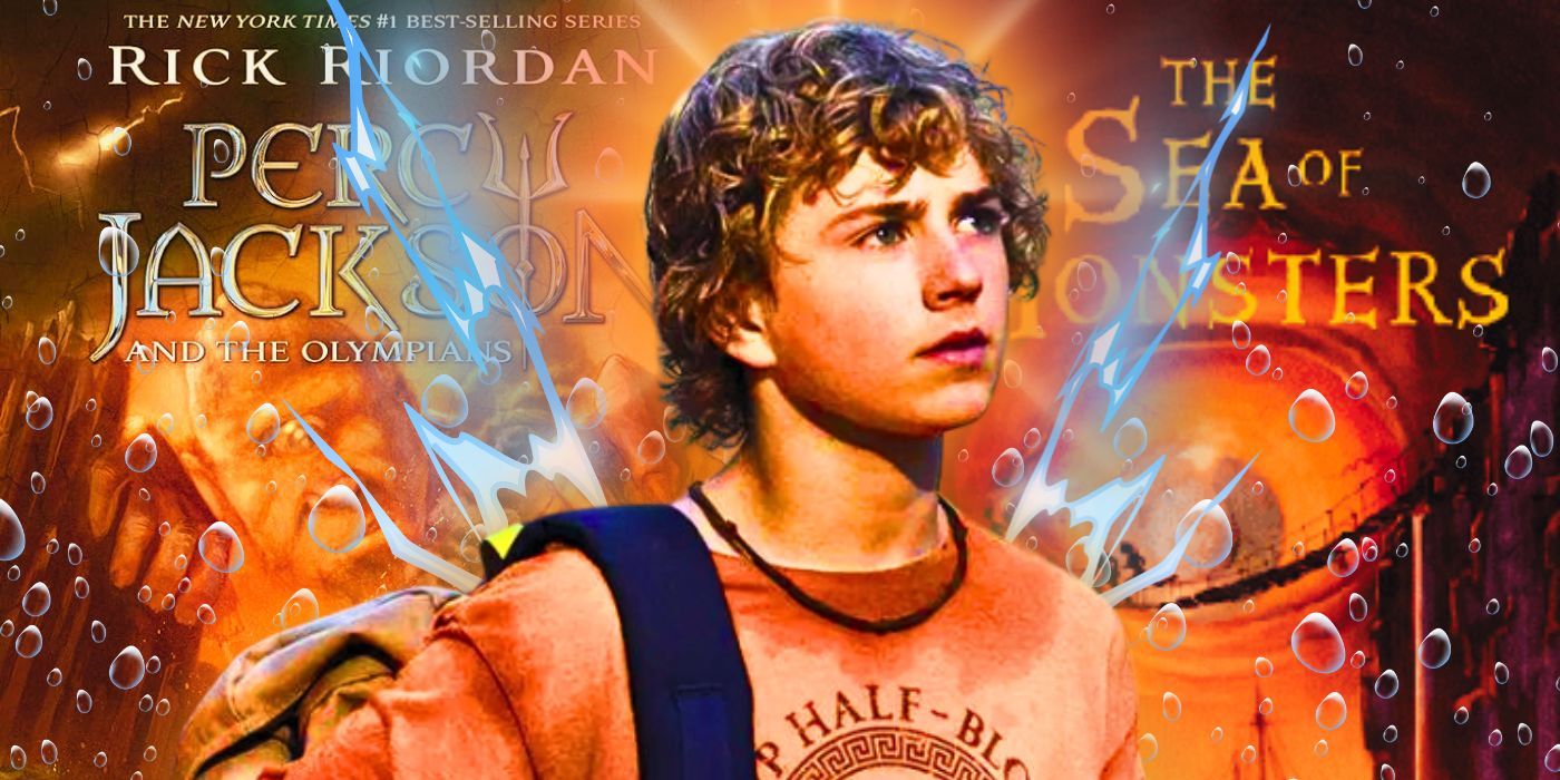 Walker Scobell as Percy in front of the Percy Jackson book Sea of Monsters