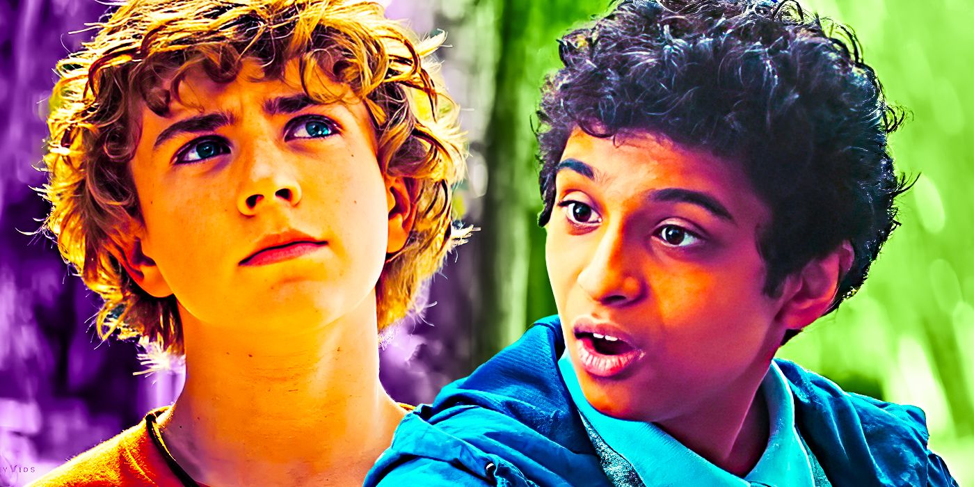 Split image of Walker Scobell as Percy Jackson and Aryan Simhadri as Grover in Percy Jackson & the Olympians