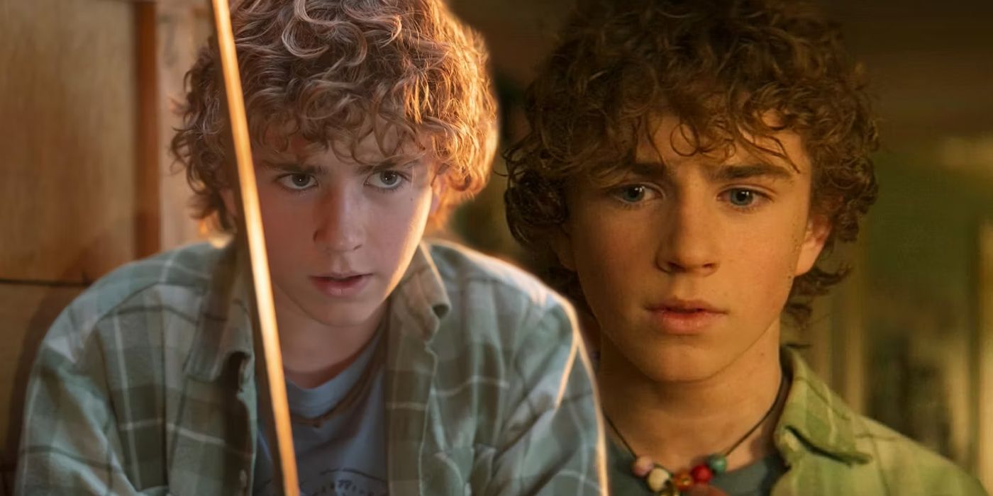 Walker Scobell as Percy Jackson holding a sword next to Percy touching Annabeth&rsquo;s necklace in Percy Jackson and the Olympians season 1.
