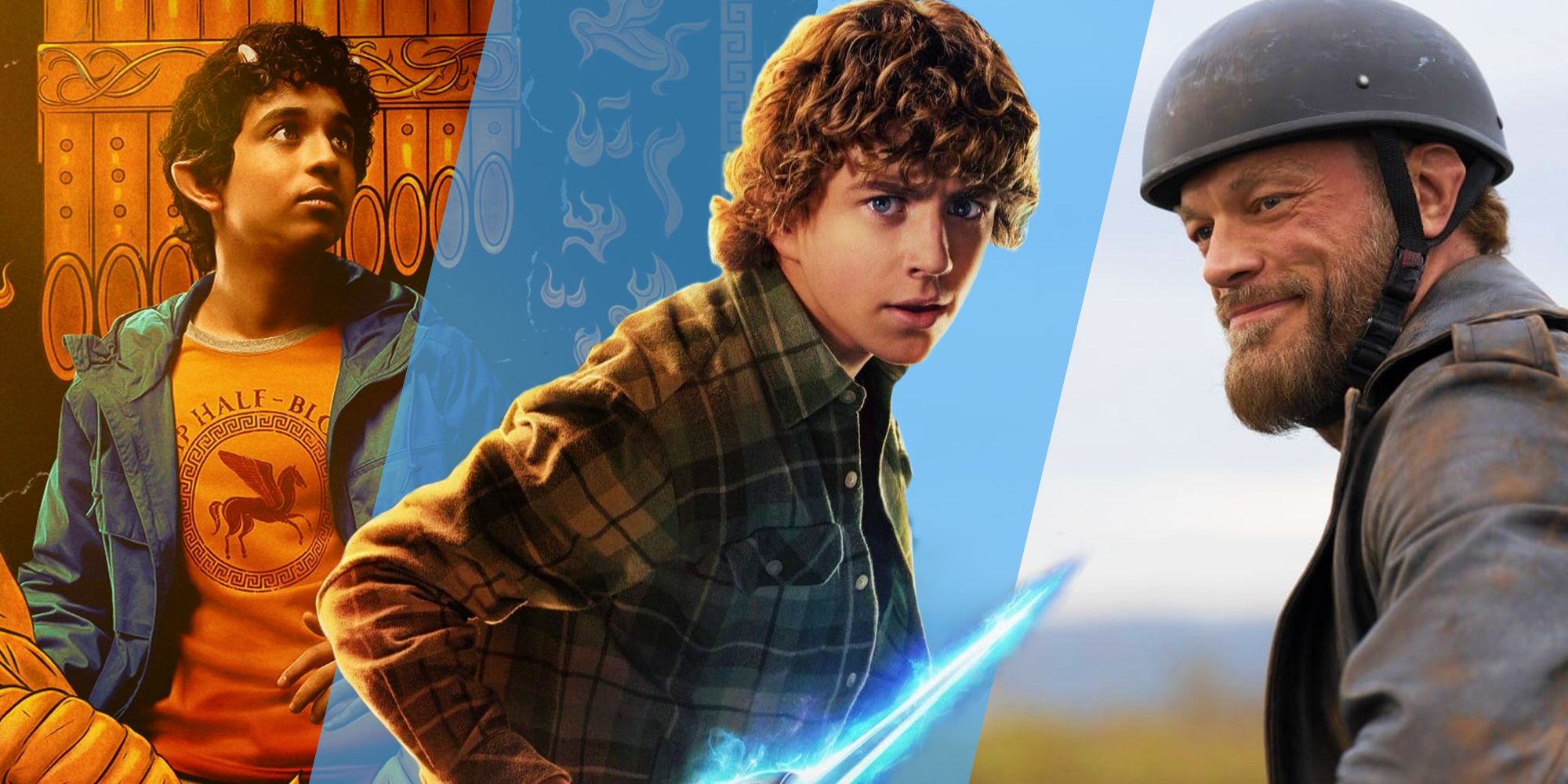 Percy in the poster for Percy Jackson between Grover's character poster and Adam Copeland as Ares atop his motorbike