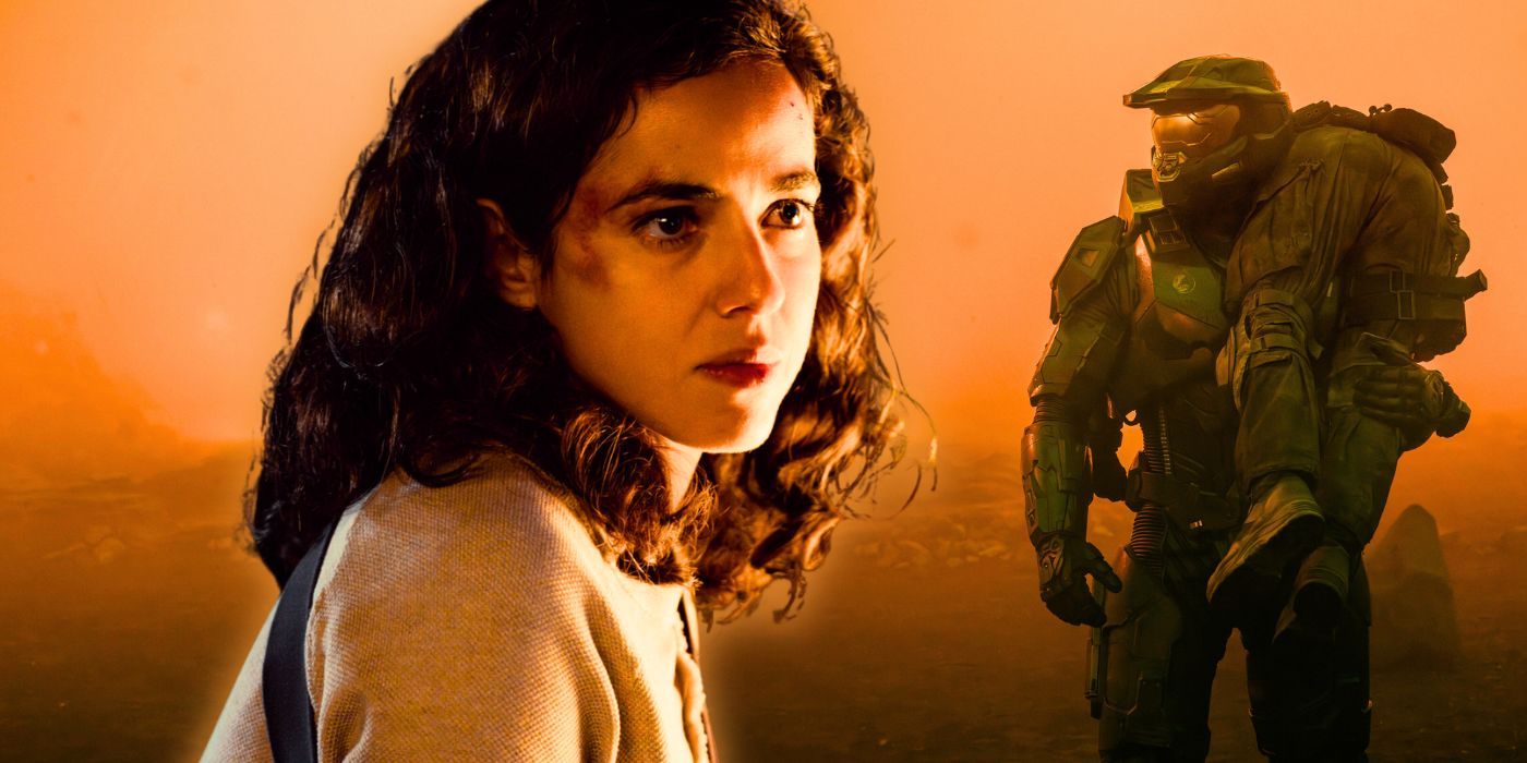 Collage of Cristina Rodlo as Talia Perez looking worried with Master Chief (Pablo Schreiber) on Sanctuary in Halo season 2