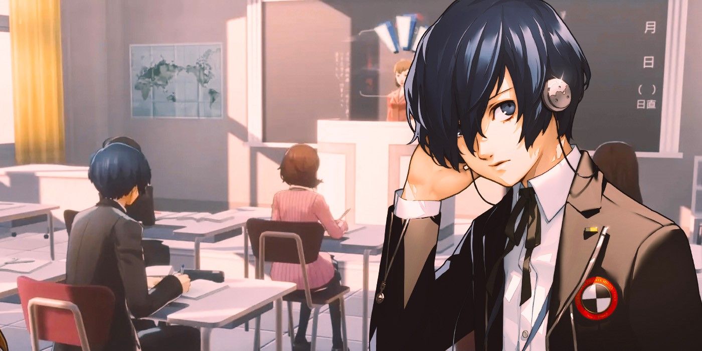 Persona 3 Reload Classroom with a close up of Makoto over it