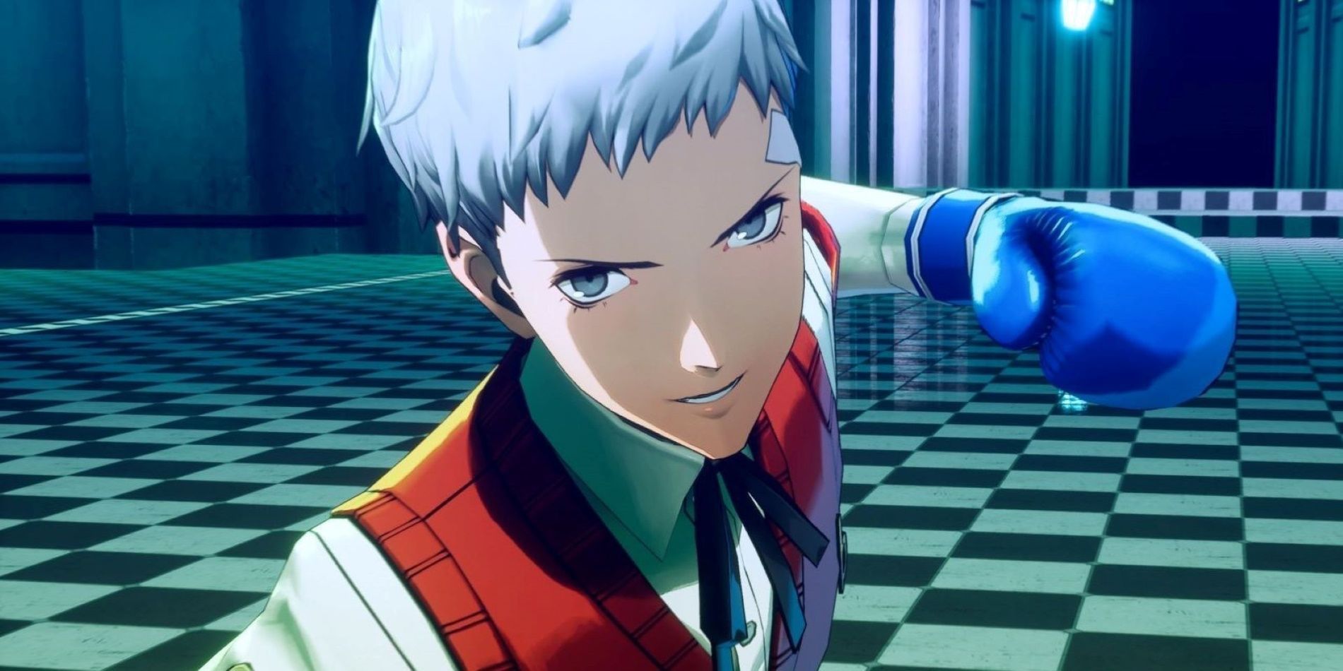 Akihiko winds up a punch with a blue boxing glove in a screenshot from Persona 3 Reload.