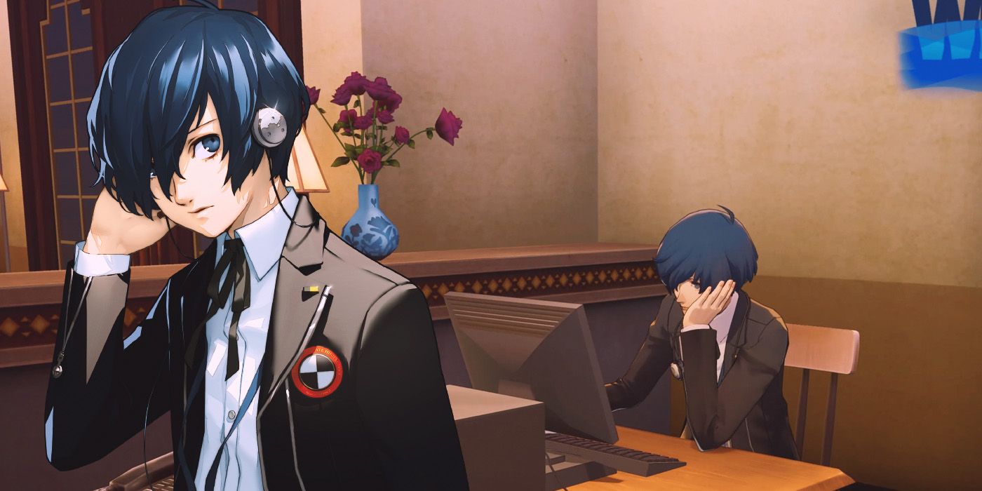 Persona 3 Reload protagonist at a computer