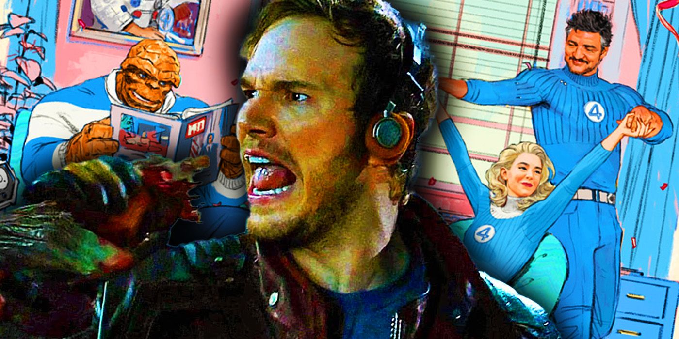 Peter Quill singing with Ben Grimm, Sue Storm and Reed Richards in The Fantastic Four poster