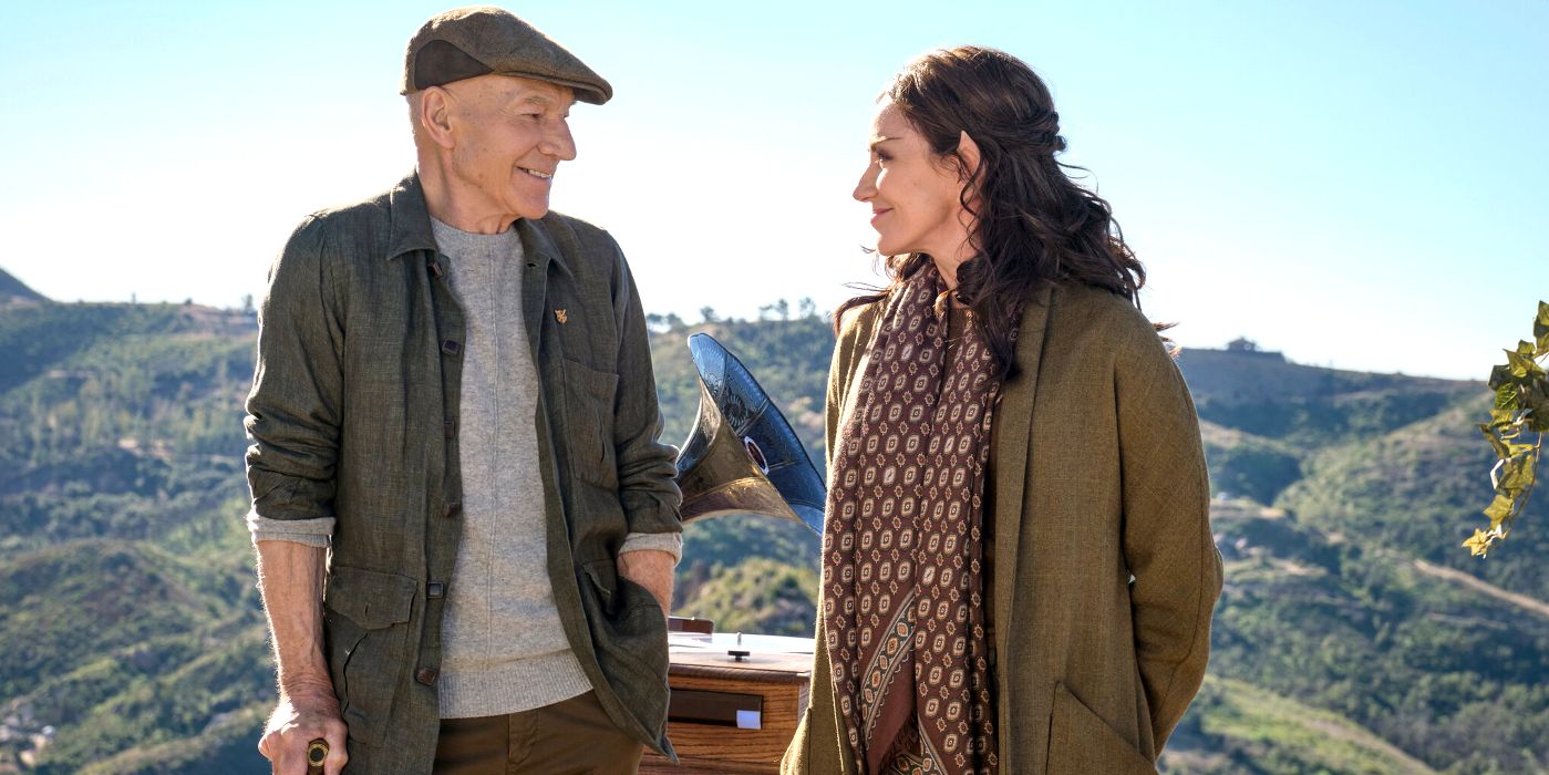 Patrick Stewart as Jean-Luc Picard smiling with Orla Brady as Laris