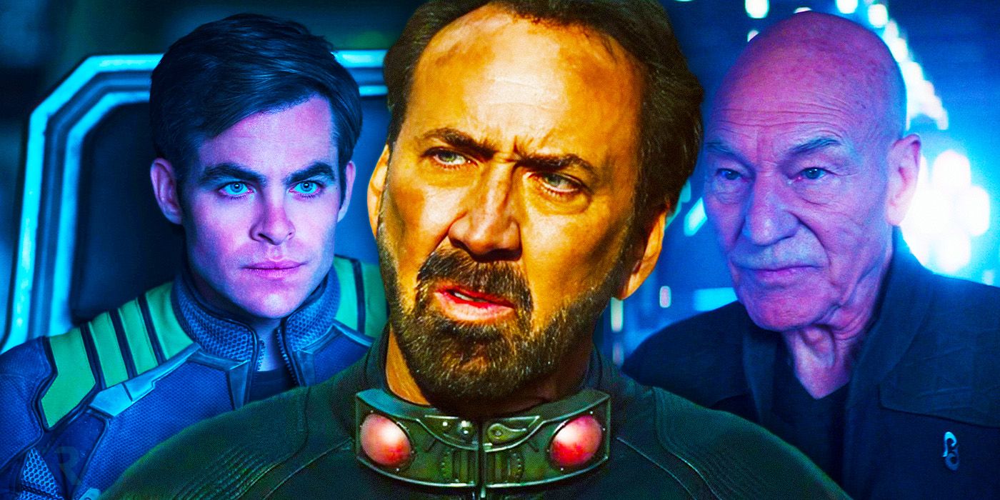 Chris Pine as Captain Kirk, Nicolas Cage, and Patrick Stewart as Admiral Picard