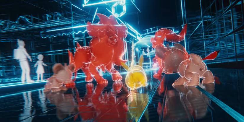 Pikachu Pyroar and Litleo in a futuristic city from the trailer for Pokemon Legends Z A.