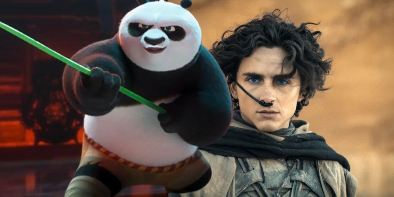 Po in Kung Fu Panda 4 juxtaposed with Timothée Chalamet as Paul Atreides in Dune 2