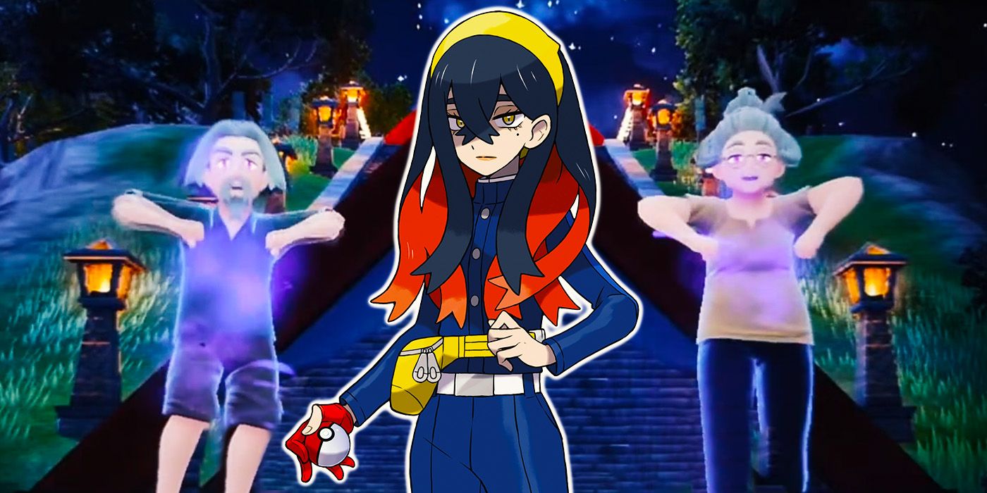 Art of Carmine from Pokémon Scarlet and Violet, with her mind-controlled grandparents dancing in the background as seen in Mochi Mayhem.