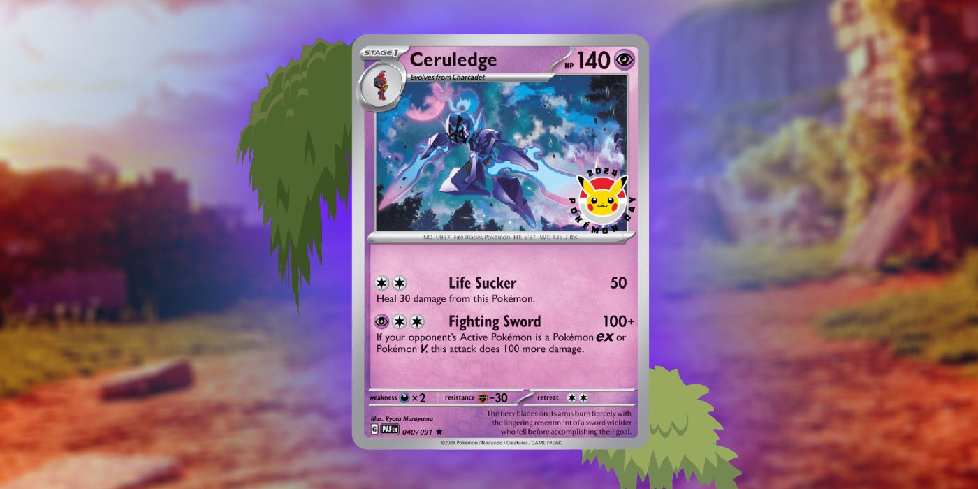 Tghe Ceruledge Promo Card for Pokemon Day 2024 with a purple backlight.