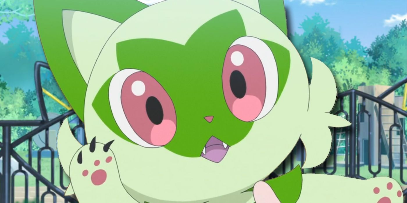 Pokemon Horizons: Sprigatito in front of the cat breeder’s house.