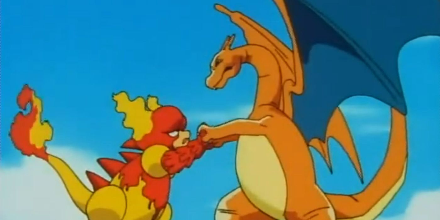 Pokémon: Magmar e Charizard batalham.
