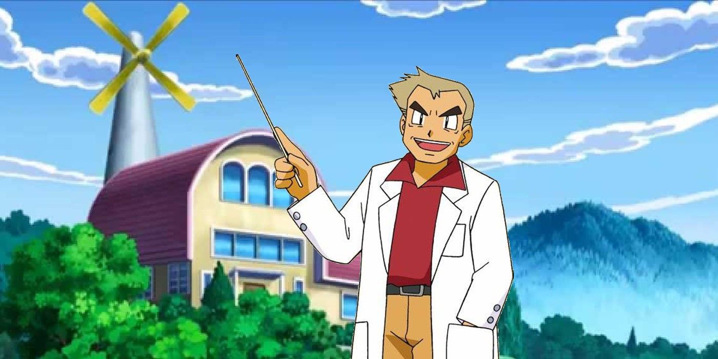 O professor Oak sobrepôs uma imagem de seu laboratório em Pallet Town enquanto segura um ponteiro e sorri.