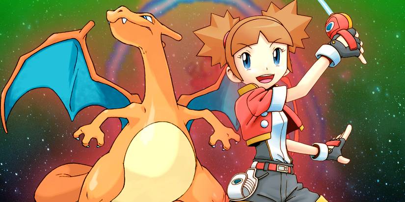 A Charizard and a Pokemon Ranger next to each other with a starry effect behind them.