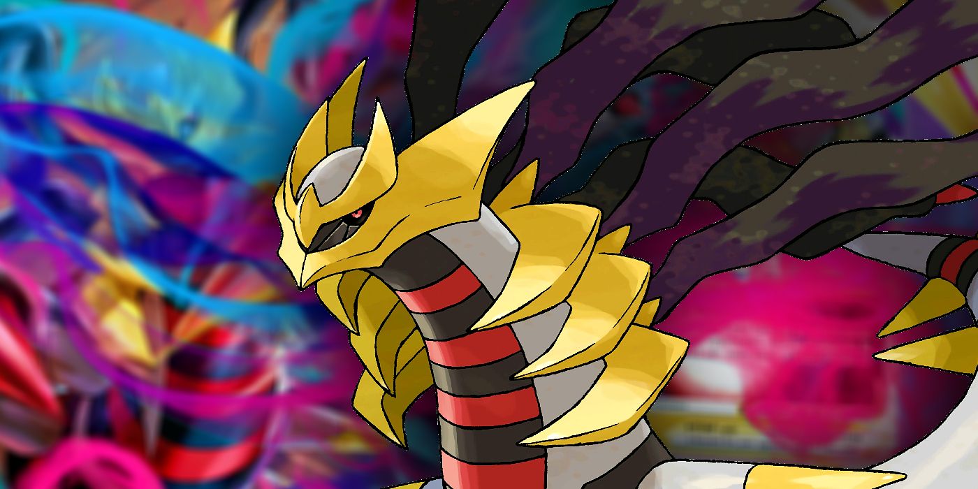 A Giratina from Pokémon superimposed over a colorful background.