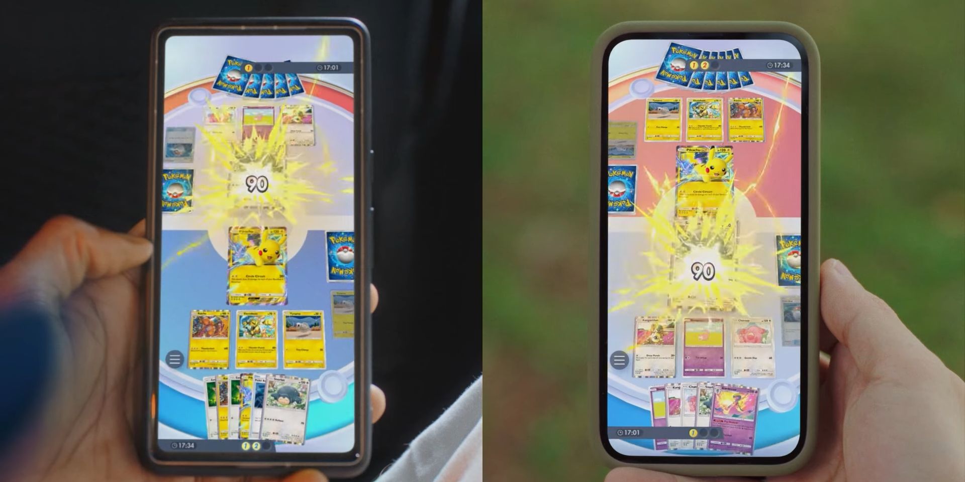 A Pikachu ex card attacks in Pokemon TCG Pocket.