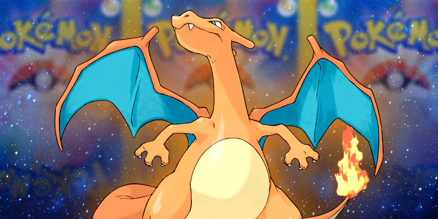 Charizard from Pokémon poses with a starry effect behind it.