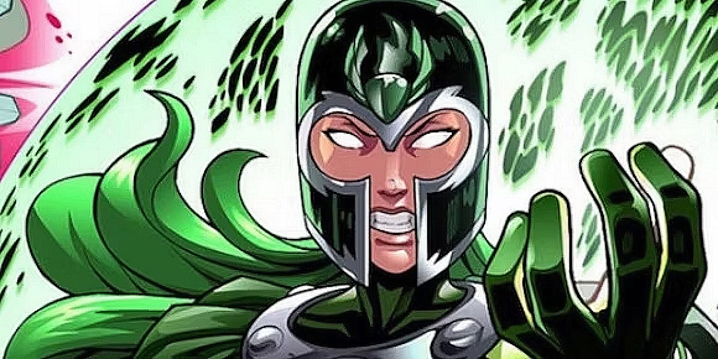 Polaris em modo Magneto completo, usando seu capacete exclusivo e adotando sua pose familiar