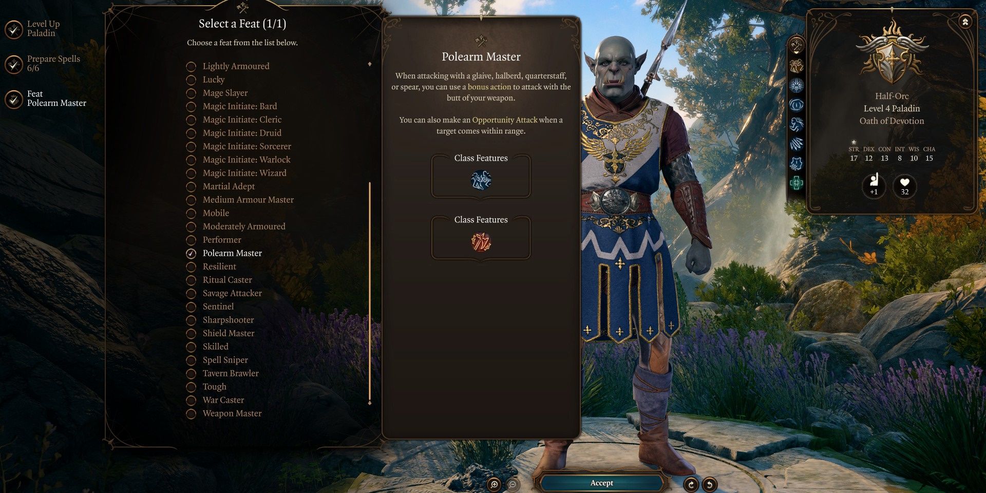 Polearm Master Feat text displayed in level up area of Baldur's Gate 3