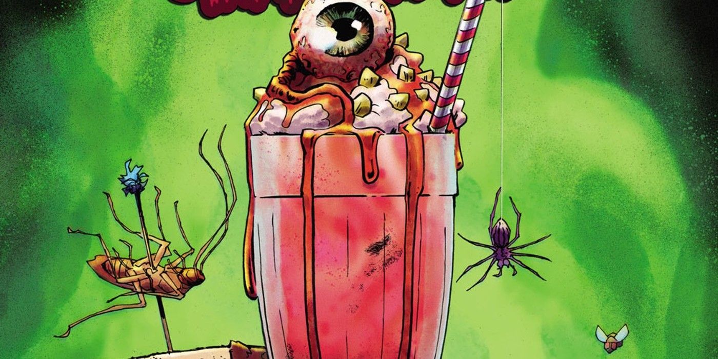 Image of a milkshake with a human eyeball on it, surrounded by spiders and insects.