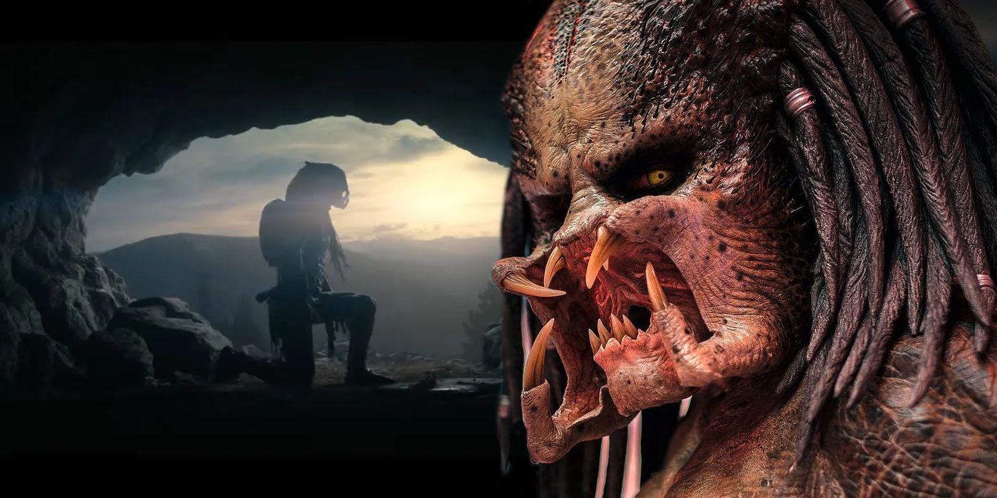 A composite image of an unmasked predator looking at the camera in front of a predator kneeling at the mouth of a cave in Prey