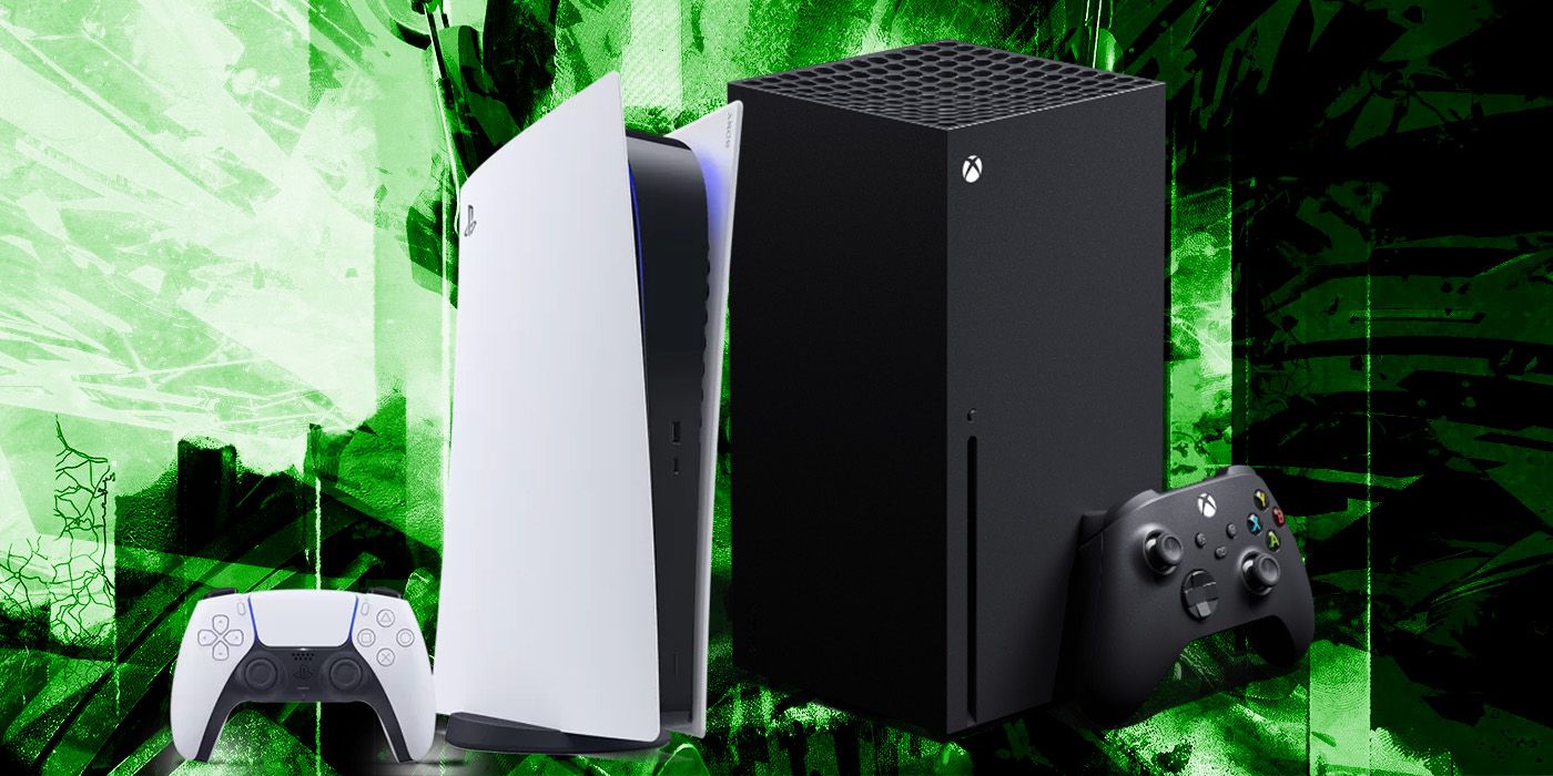 PS5 console next to a black Xbox Series X console on a green and black background.