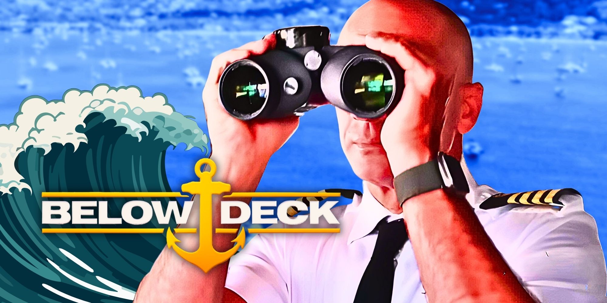 A Below Deck season 11 promo shows Captain Kerry looking through binoculars, with waves in the background and logo in the foreground.