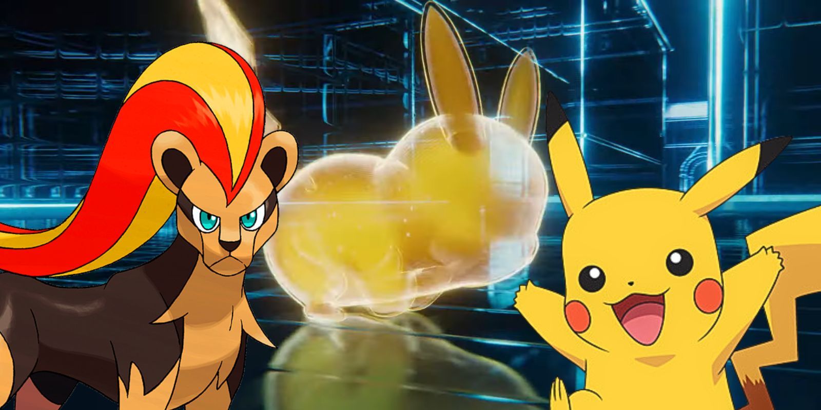 Pyroar and Pikachu in front of the pikachu for Pokemon Legends Z A