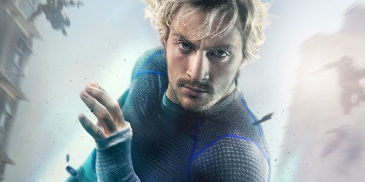 Quicksilver runs towards the camera in a promotional image for Avengers Age of Ultron