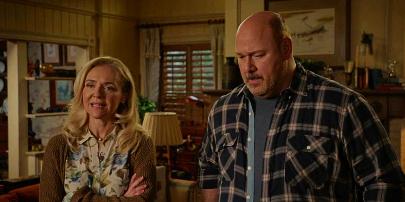 Rachel Bay Jones talks with her arms crossed as Will Sasso looks down as Mandy's parents in Young Sheldon