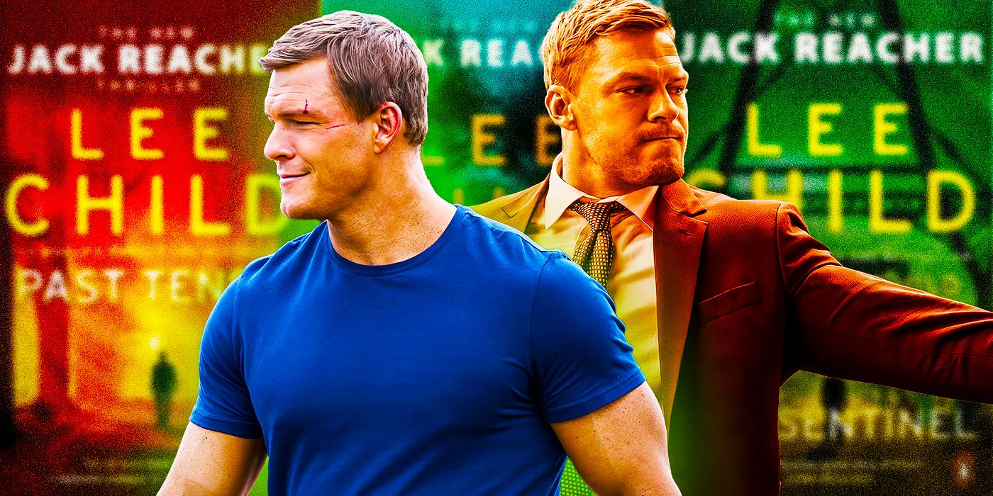 A collage of Alan Ritchson, who played Jack Reacher in Reacher seasons 1 and 2, with Lee Child's book cover in the back.