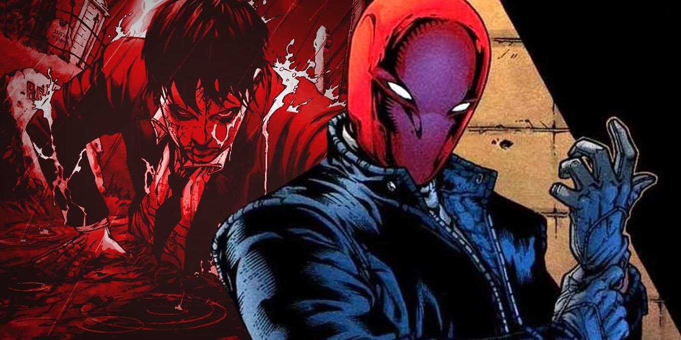 Red Hood (foreground) with Jason Todd rising from the grave in the background.