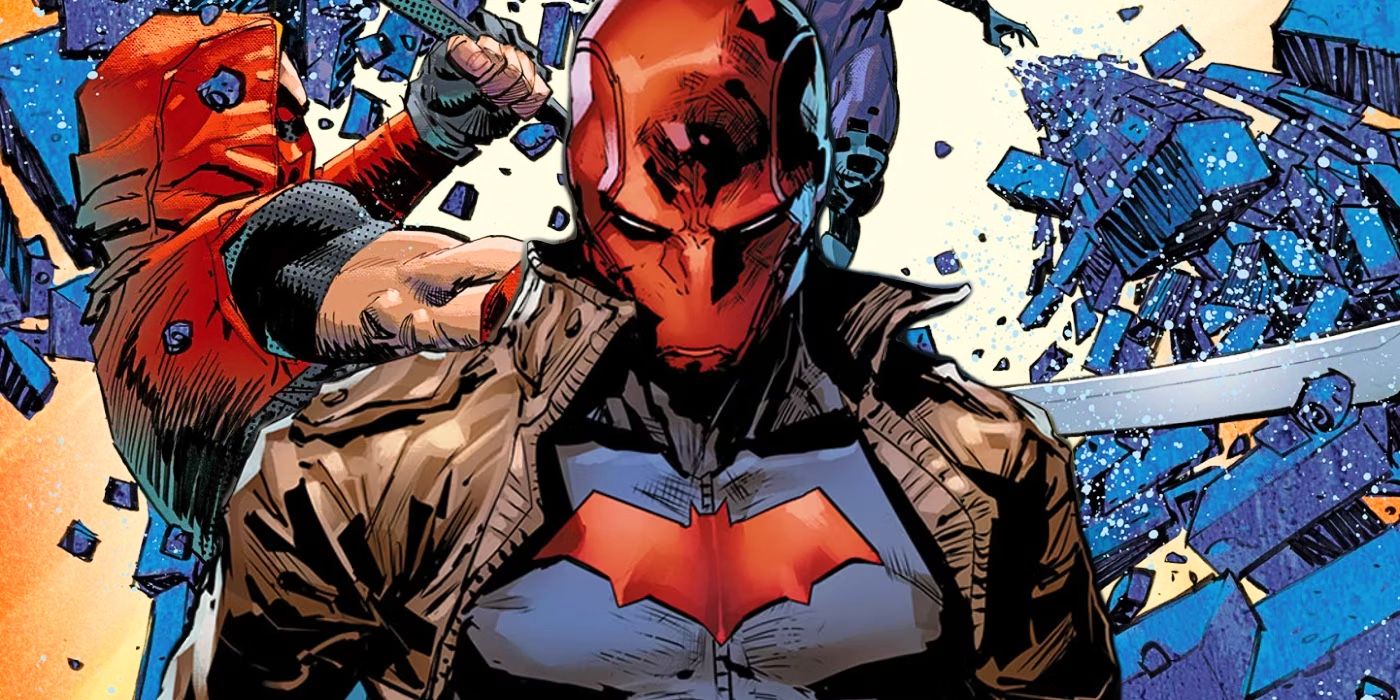Red Hood standing in front of Red Hood using katana and wearing his hood