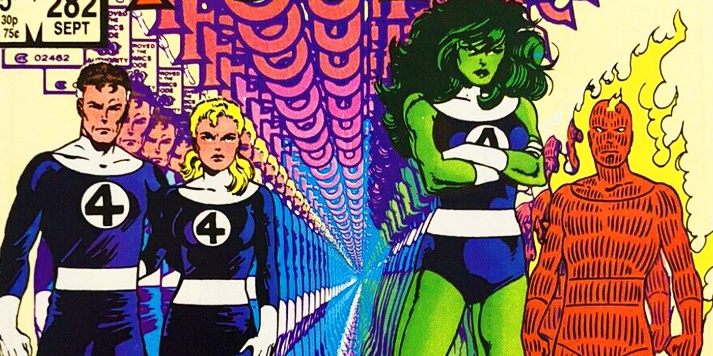 Reed Richards, Sue Storm, She-Hulk e o Tocha Humana na capa da Marvel Comics