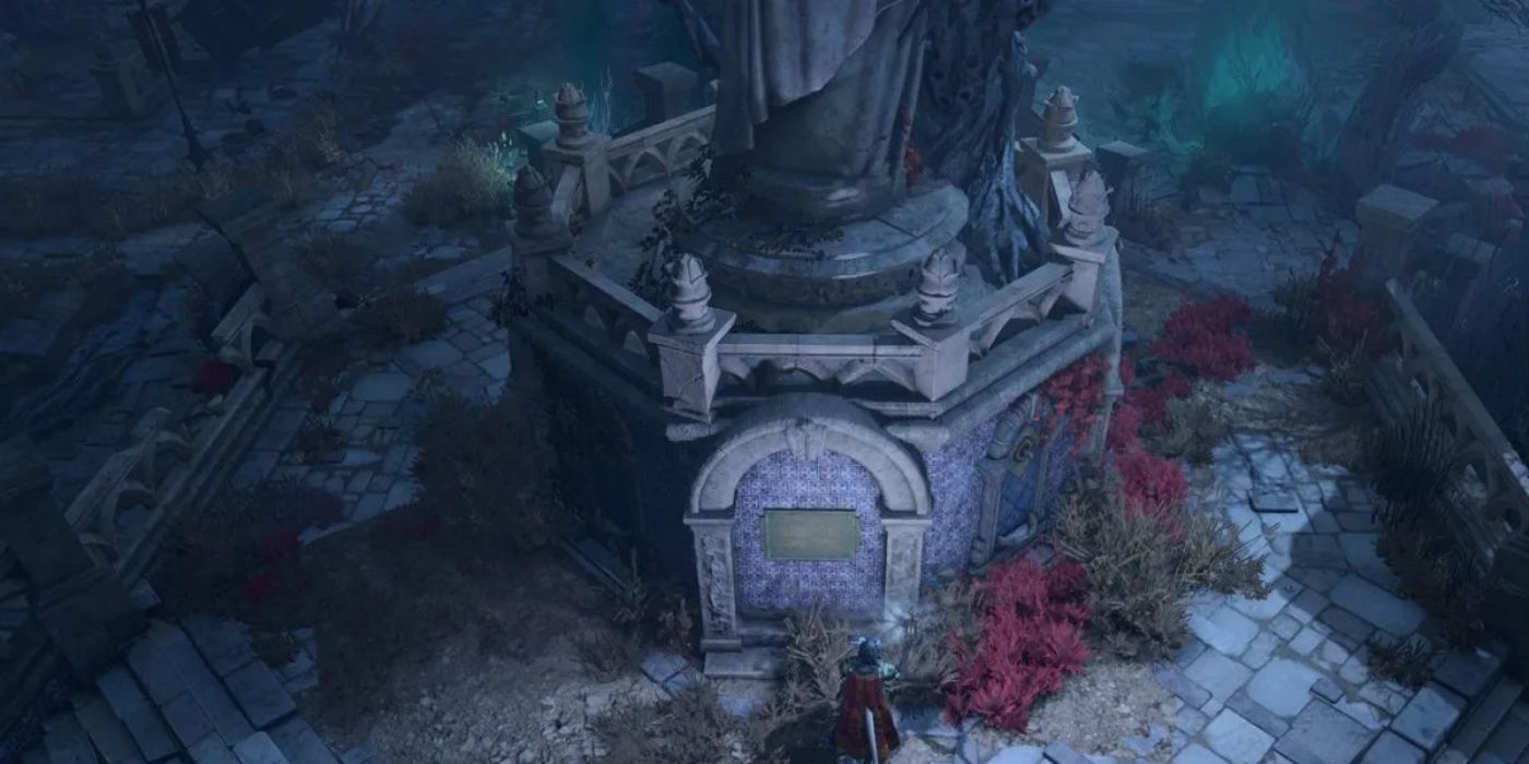 Jogador de Baldur's Gate 3 em pé perto da estátua na cidade de Reithwin, em terras amaldiçoadas pelas sombras