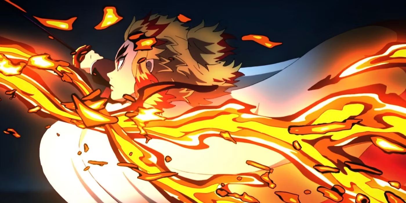 Rengoku empunhando uma lâmina flamejante em Demon Slayer