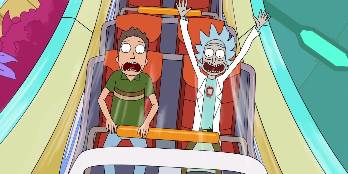 Rick e Jerry em uma montanha-russa em Rick e Morty