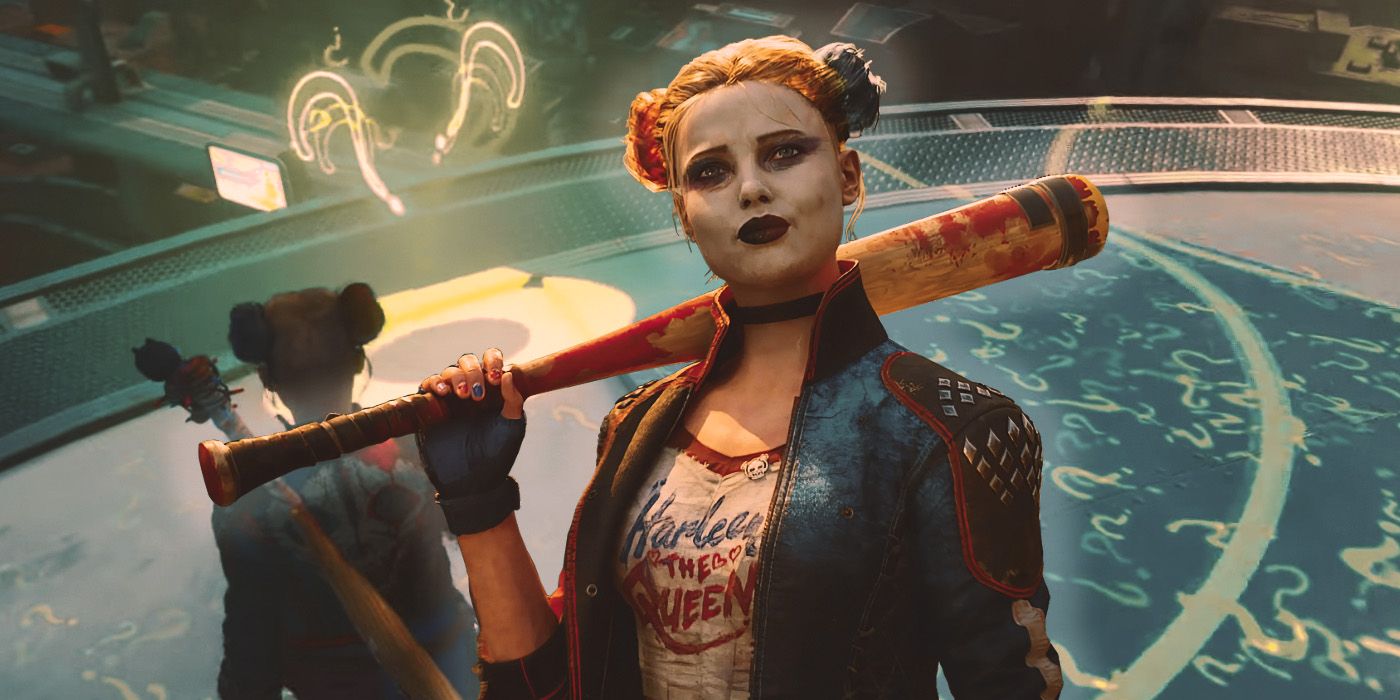 A render of Harley Quinn stands in front a backdrop where she approaches a pair of glowing yellow question marks.