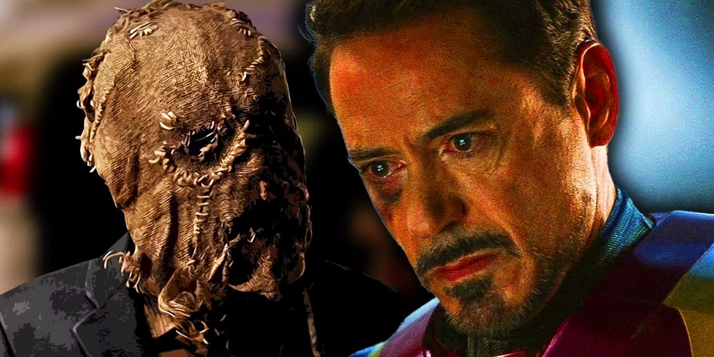 Robert Downey Jr's Tony Stark as Iron Man in the MCU with Cillian Murphy as Scarecrow in Batman Begins