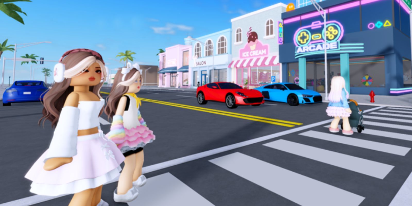 Roblox Seaside RP characters crossing a street