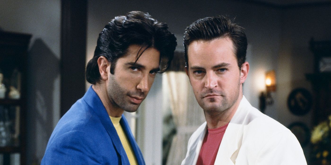 Ross Geller and Chandler Bing in Miami Vice tribute outfits in Friends.