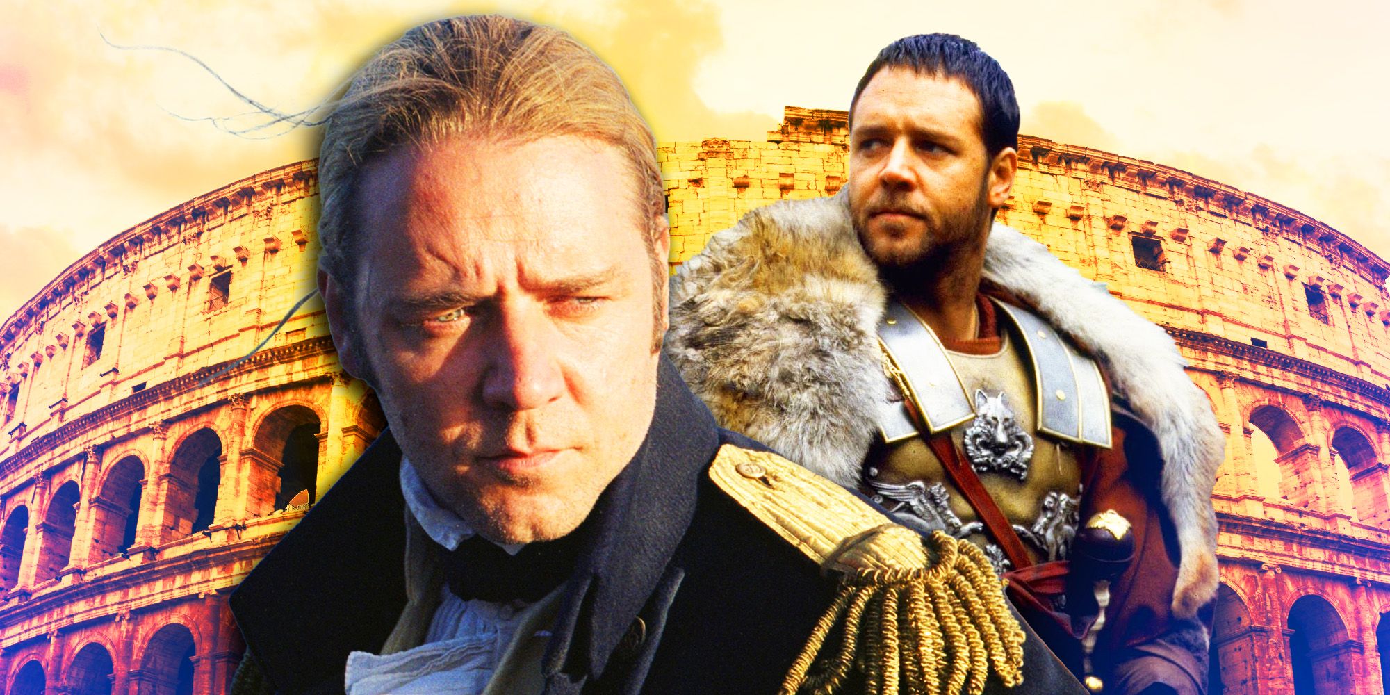 Russell Crowe em Gladiador e Mestre e Comandante