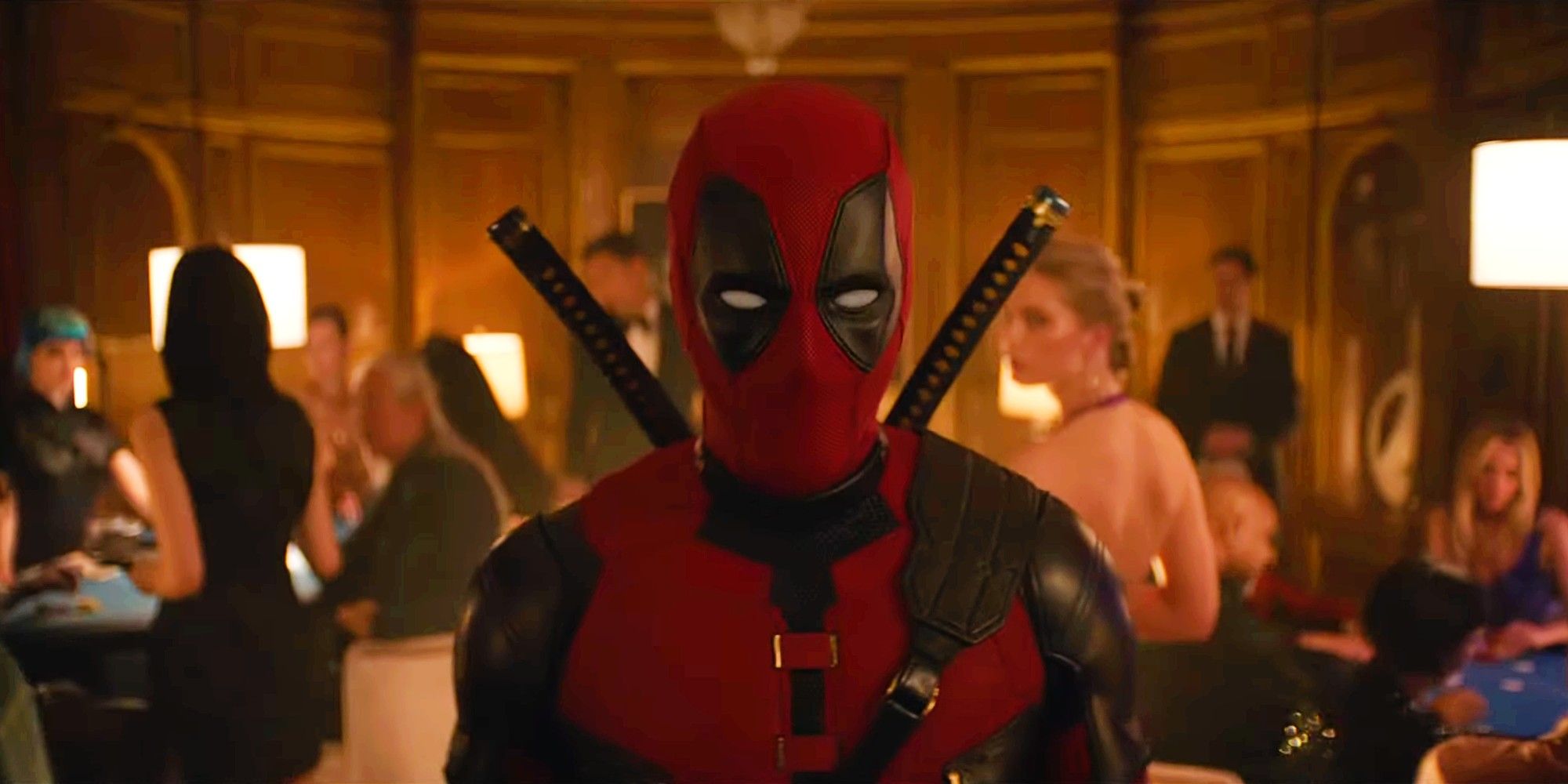 Ryan Reynolds As Deadpool In Full Costume Walking Through A Fancy Party In Deadpool 3