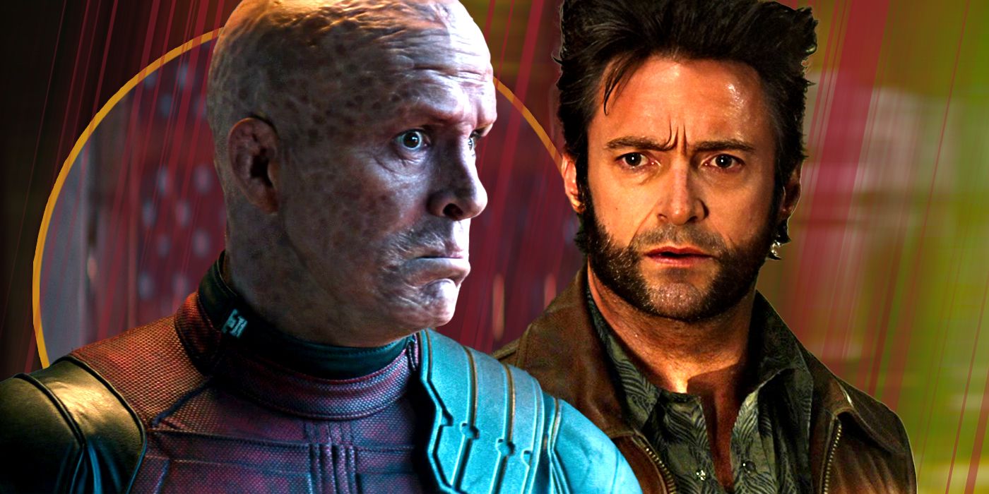 Ryan Reynolds as Deadpool looking curiously at Hugh Jackman's Wolverine in Deadpool 3 Exclusive header