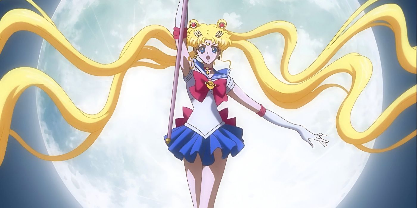 Sailor Moon wields her weapon in front of the moon from Sailor Moon Crystal.