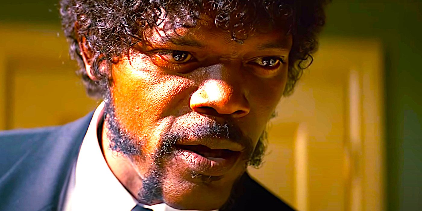 Samuel L. Jackson delivering dialog as Jules in a dramatic scene from Pulp Fiction